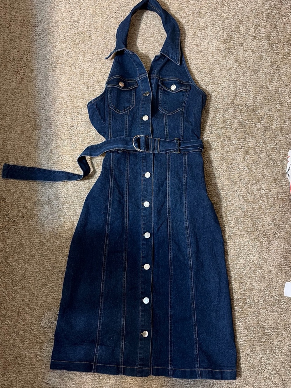 Sleeveless Dark Blue Denim Halter Backless Dress with Belt